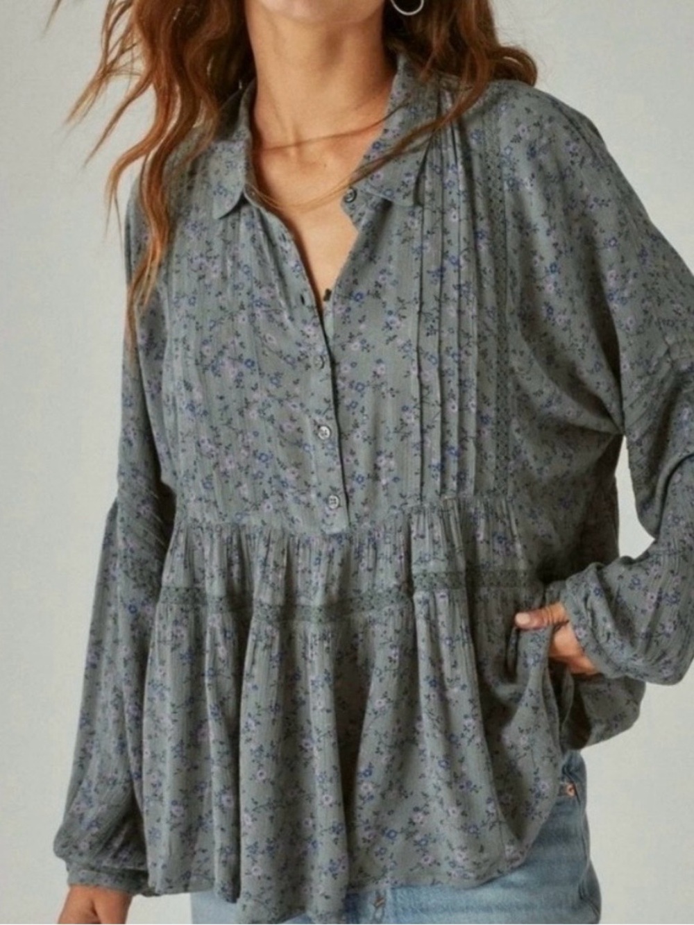 Lucky Brand Blue Green Floral Pintuck Peplum Blouse